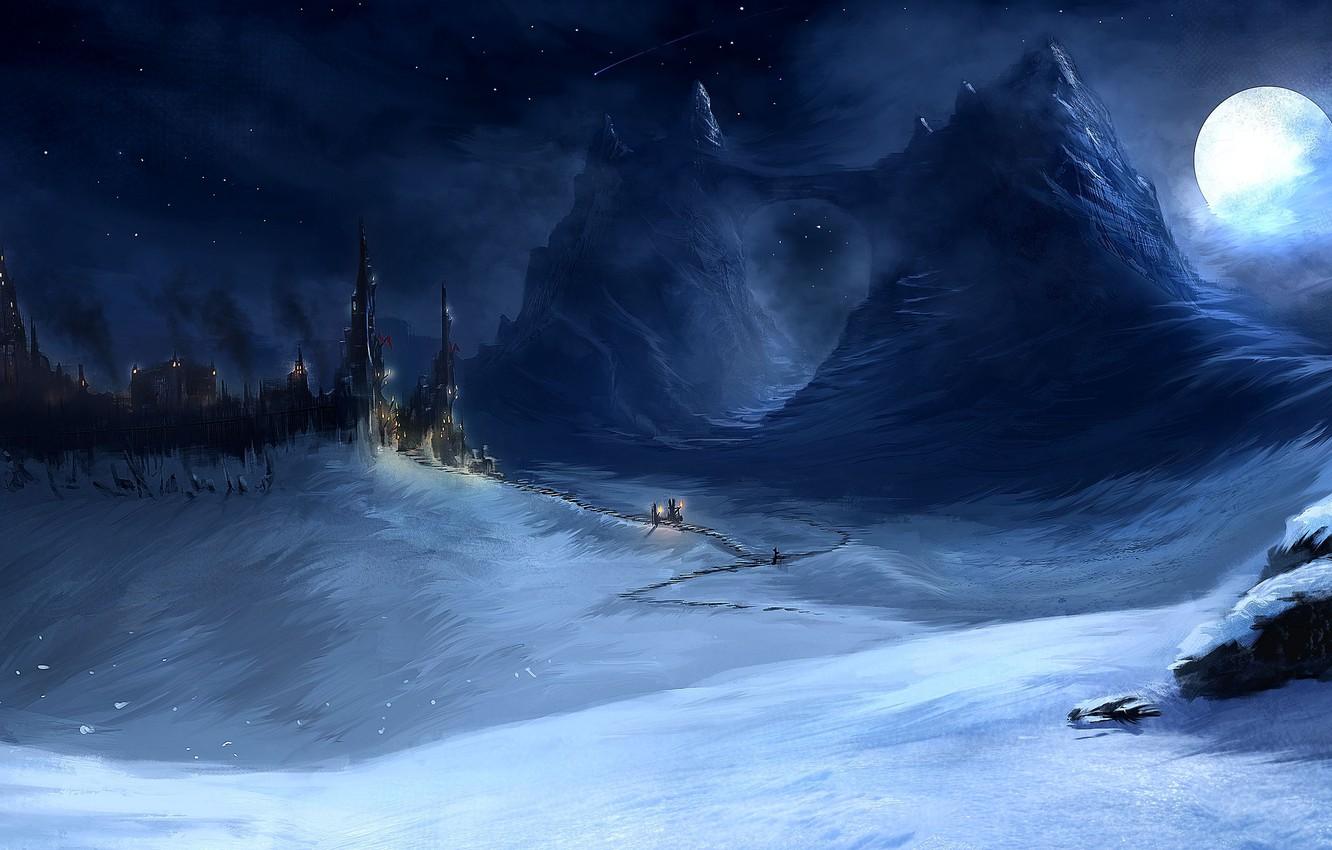 1332x850 Wallpaper snow, mountains, night, lights, castle, the moon image for desktop, section живопись