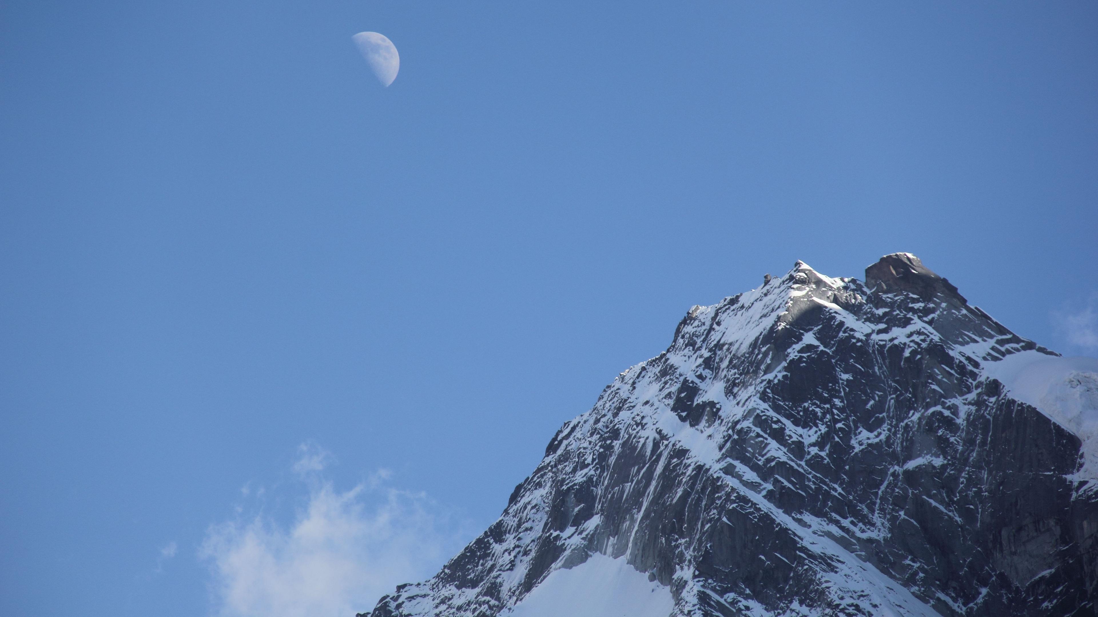 3840x2160 Wallpaper 4k mountain, top, sky, moon, snow 4k Wallpaper