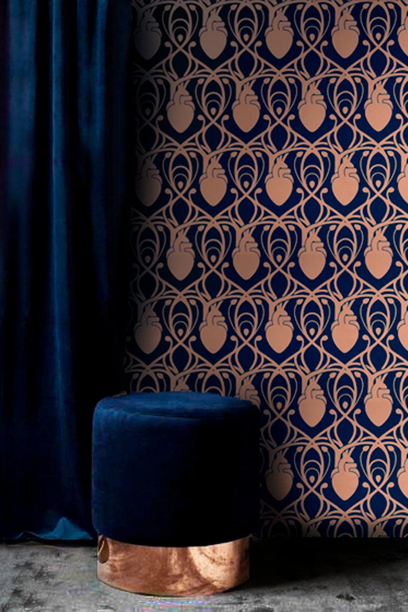820x1230 Cardiac Damask Wallpaper Blue & Copper Gold