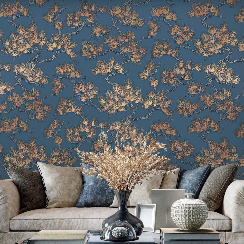 950x950 Blue and Copper Oriental Pine Tree Wallpaper. Wall Fabric WF121017