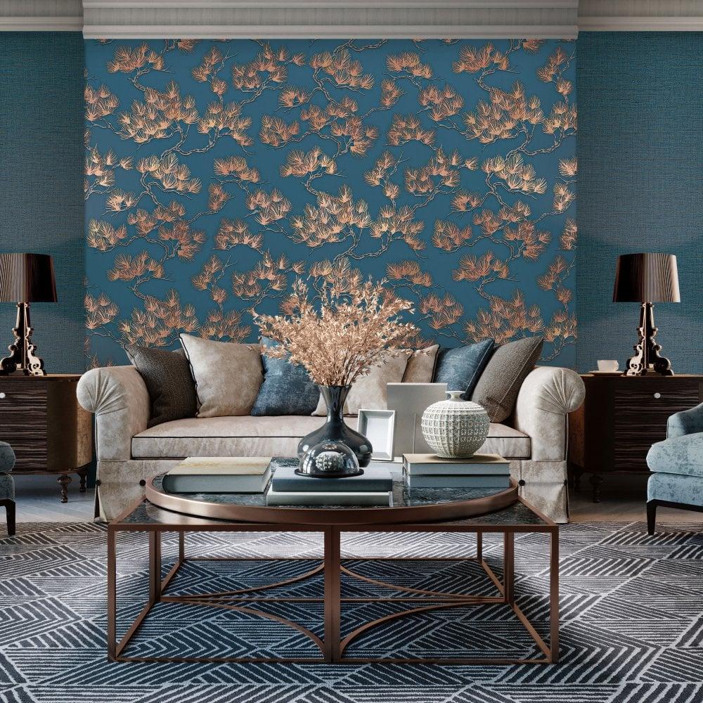 1000x1000 Wall Fabric Pine Tree Blue / Copper