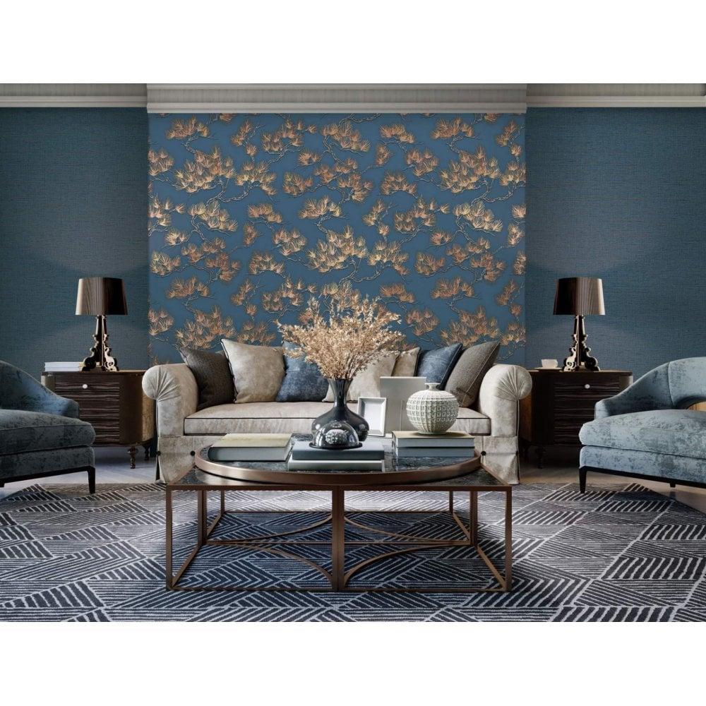 1000x1000 SAMPLE Fabric Pine Tree Blue & Copper Wallpaper by design id WF121017