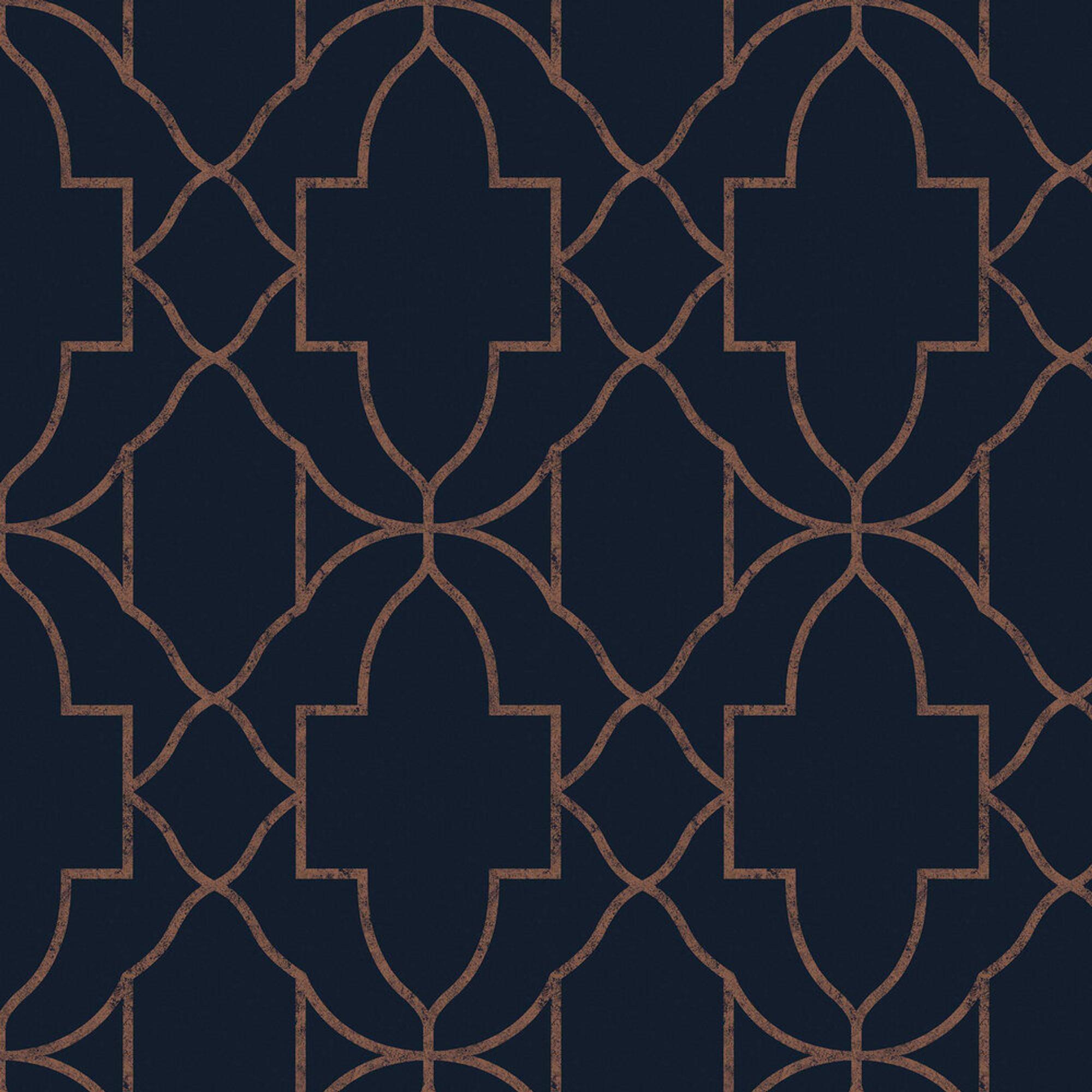 2000x2000 Metallic Geometric Trellis Navy Blue Copper Wallpaper. Graham and Brown Versailles