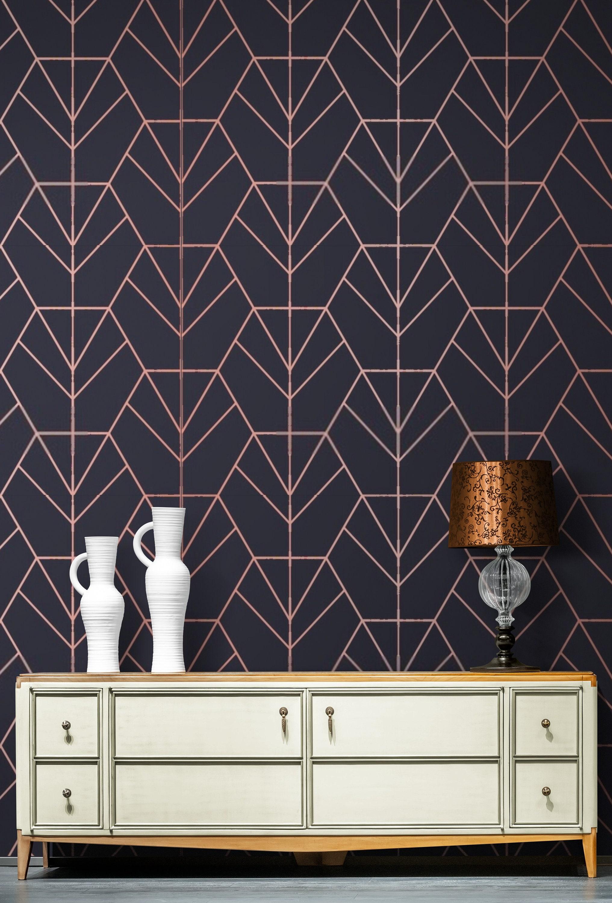 2033x3000 Geometric Wallpaper Hexagon Pattern Navy Blue Copper Lines