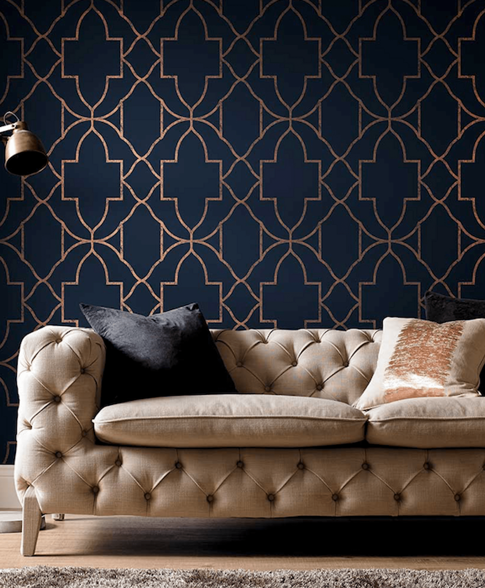 1651x2000 Metallic Geometric Trellis Navy Blue Copper Wallpaper. Graham and Brown Versailles