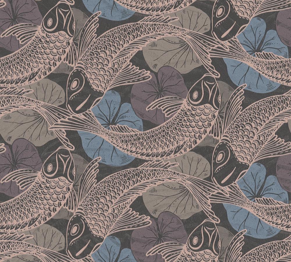1000x900 Non Woven Wallpaper Fish Blue Copper Metallic 37859 4