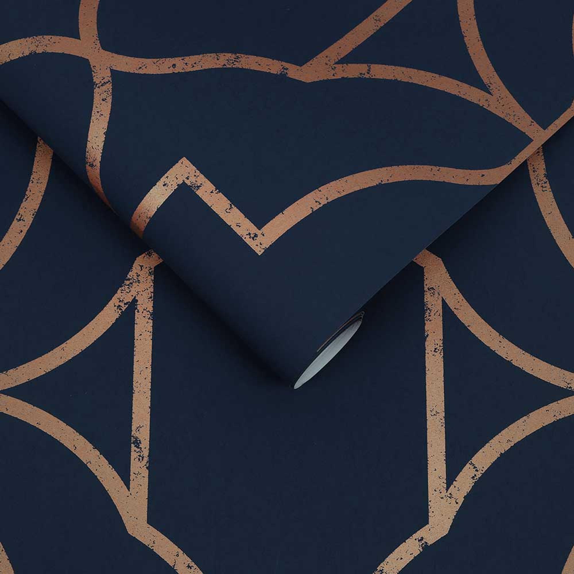 2000x2000 Metallic Geometric Trellis Navy Blue Copper Wallpaper. Graham and Brown Versailles