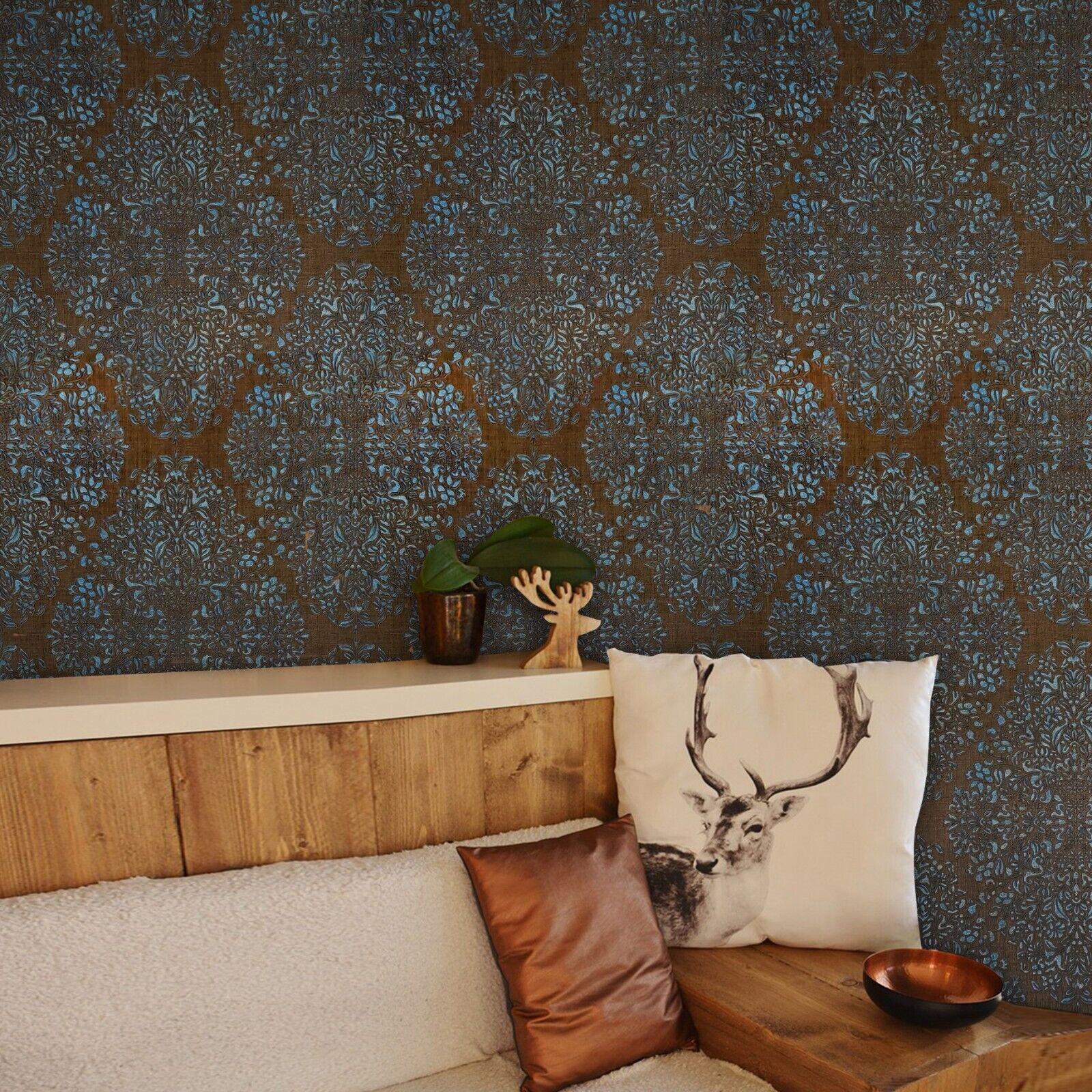 1600x1600 Vinyl Blue copper bronze metallic diamond damask faux fabric textured Wallpaper