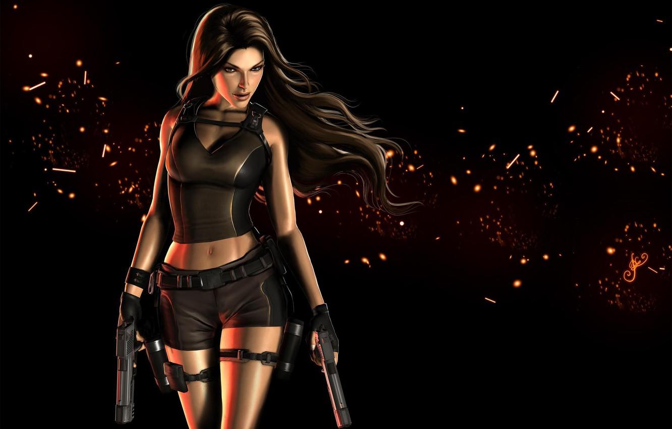 1332x850 Wallpaper look, girl, weapons, hair, guns, art, Tomb Raider, black background, Lara Croft image for desktop, section игры
