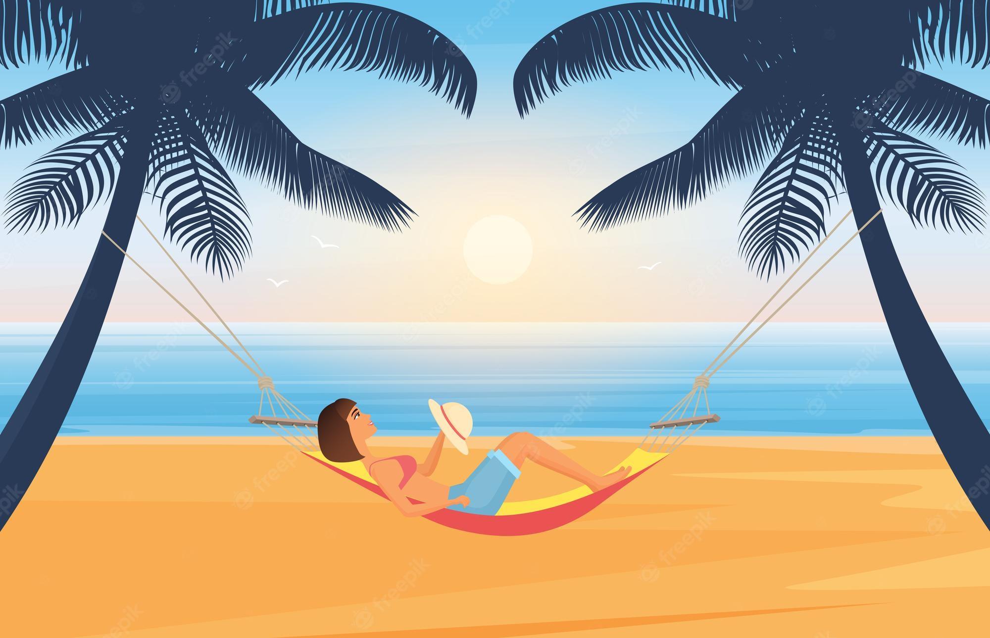 2000x1289 Premium Vector. People relax and sunbathe on summer sea beach in tropical island lying in hammock