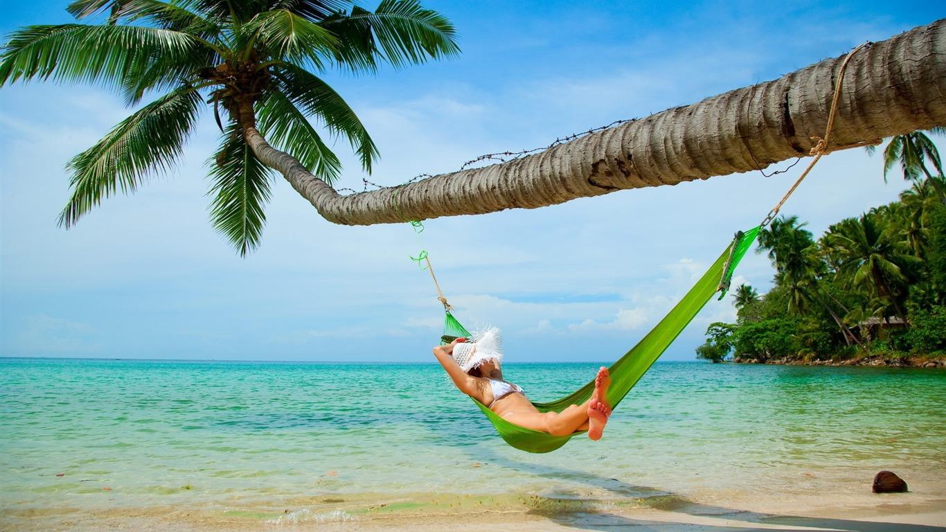 1366x768 Beach Hammock Scenery HD Wallpaper