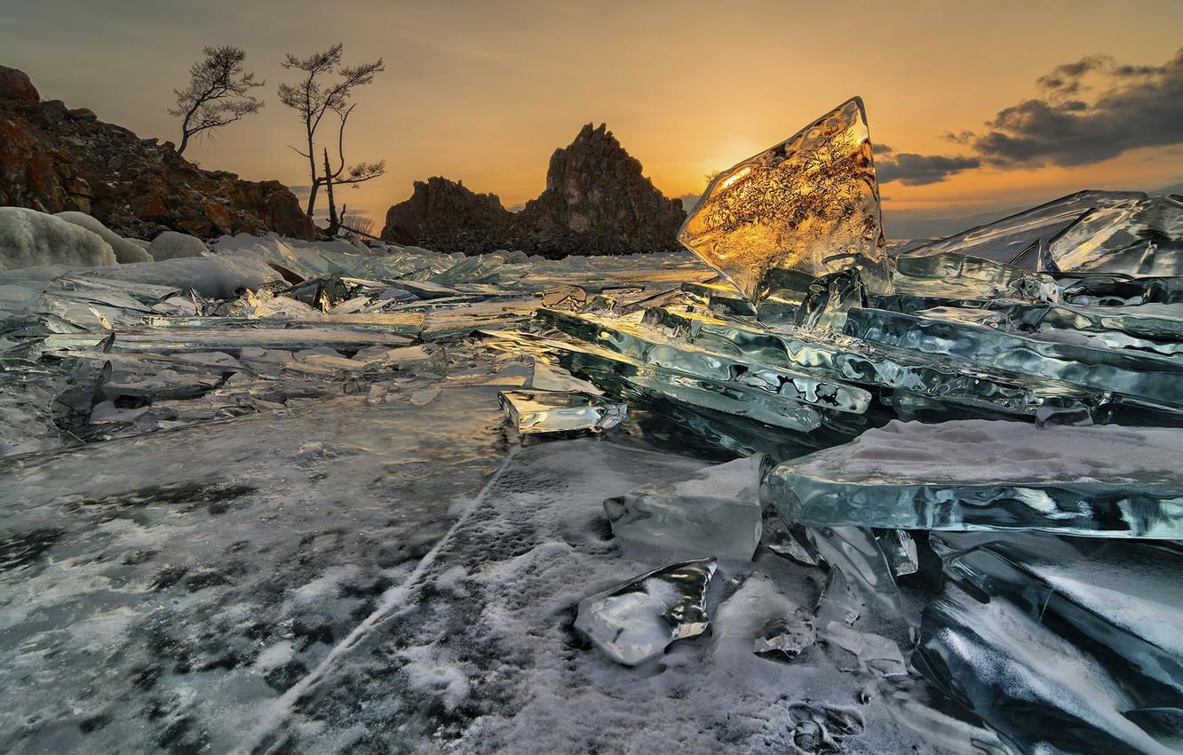 1332x850 Wallpaper the sun, sunset, lake, Ice, Baikal, Russia image for desktop, section пейзажи