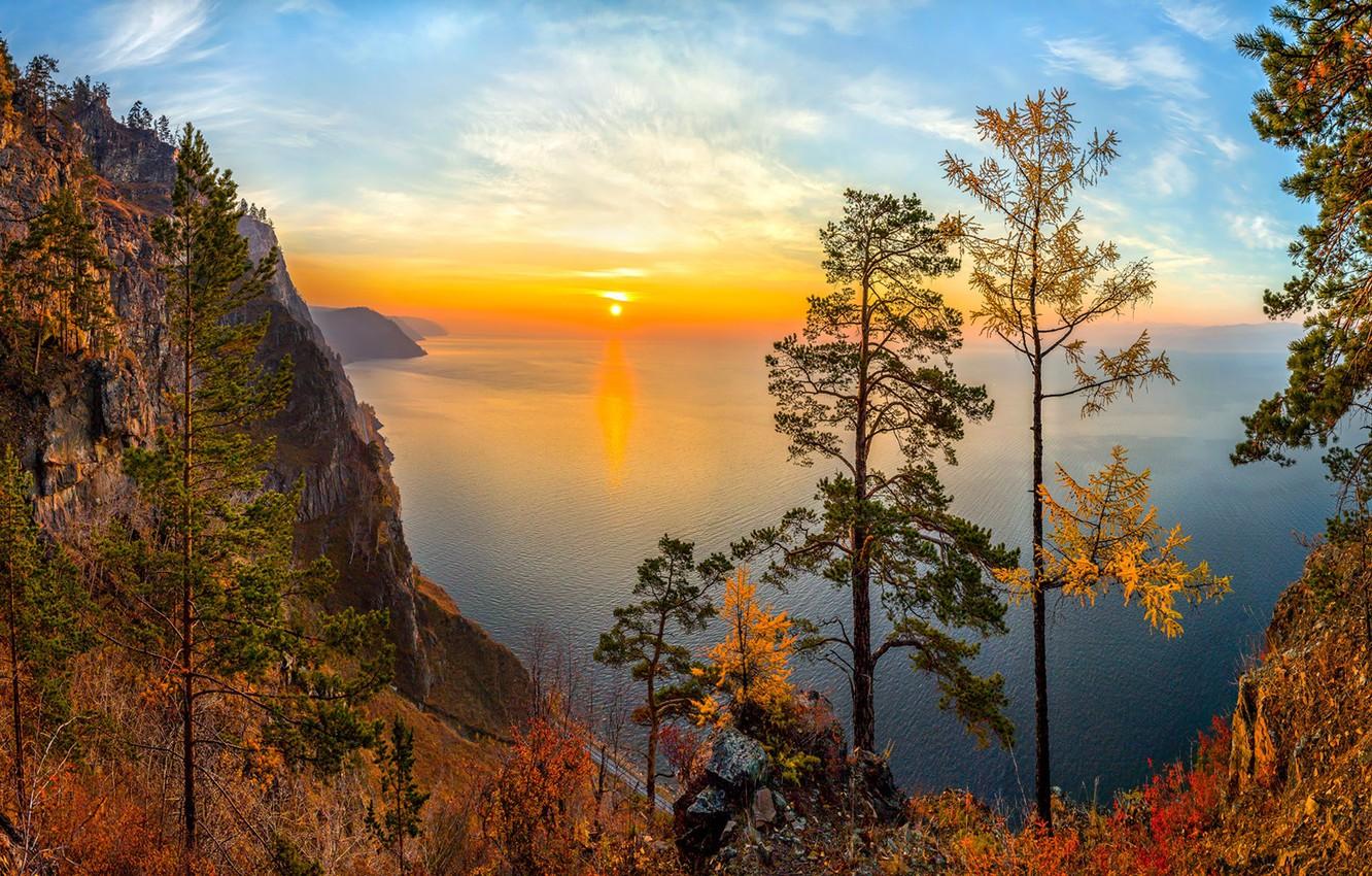 1332x850 Wallpaper autumn, trees, sunset, rock, lake, view, Russia, Lake Baikal, Siberia, Fedor Lashkov image for desktop, section пейзажи