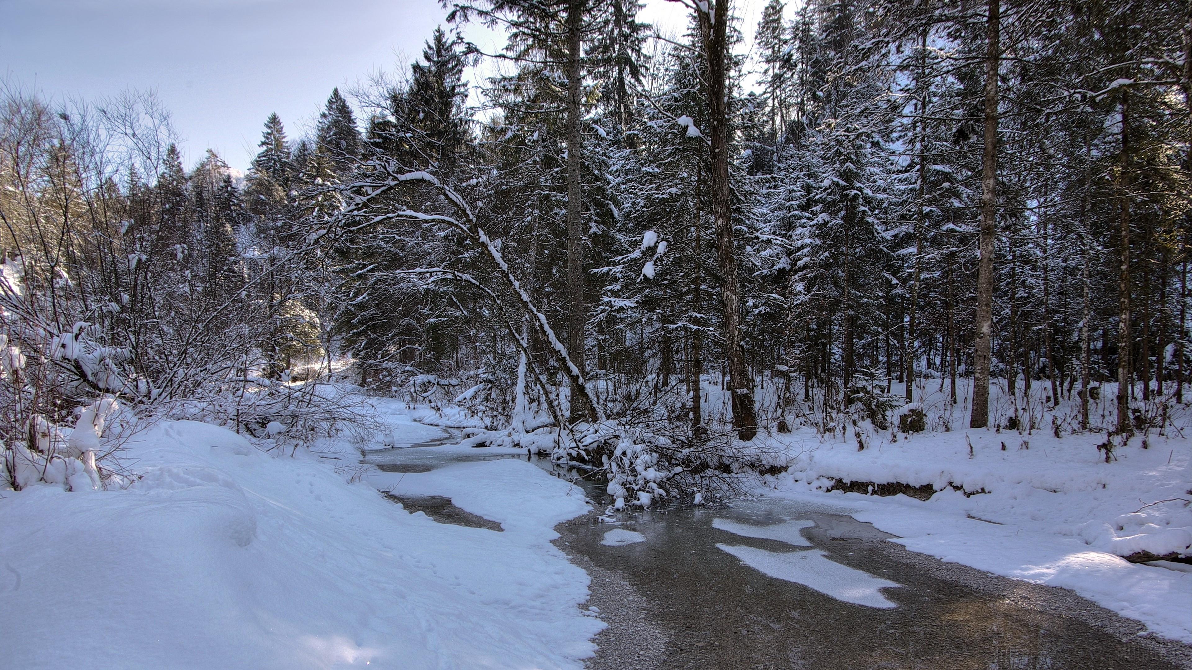 3840x2160 winter, snow, river, forest, landscape 4k wallpaper Gallery HD Wallpaper