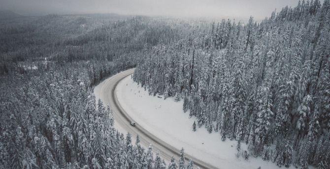 670x344 Winter, snowfrost, trees, forest, nature, road, aerial view wallpaper, HD image, picture, background, f6ff05