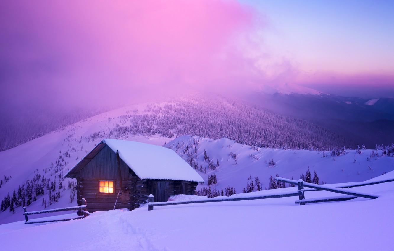 1332x850 Wallpaper winter, forest, snow, mountains, night, hut, village, house, house, hut, forest, landscape, night, winter, snow, countryside image for desktop, section пейзажи