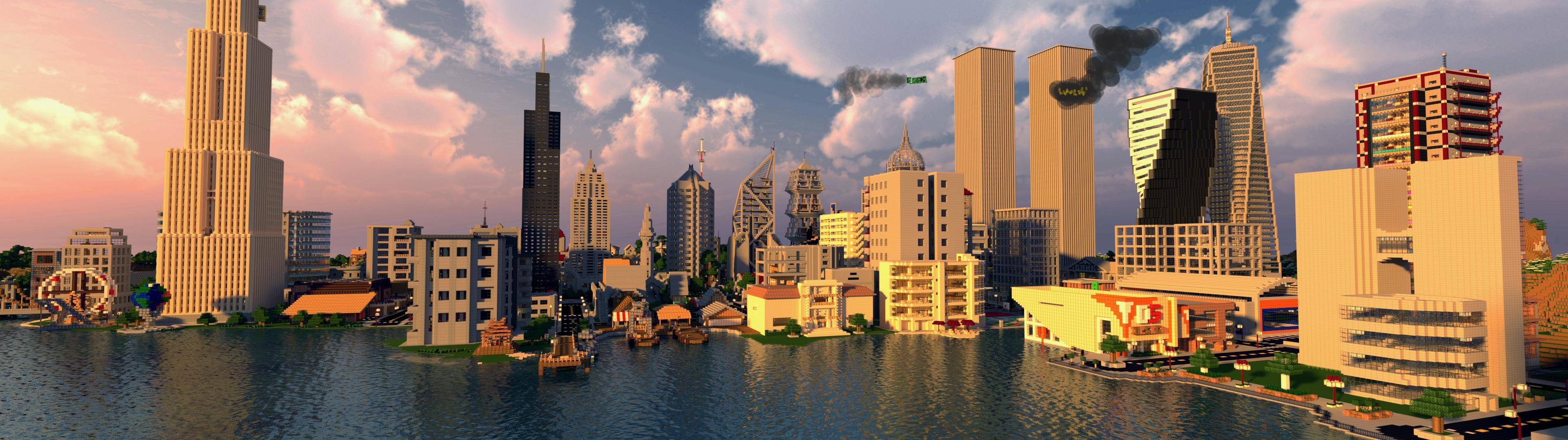 3840x1080 Minecraft City Wallpaper