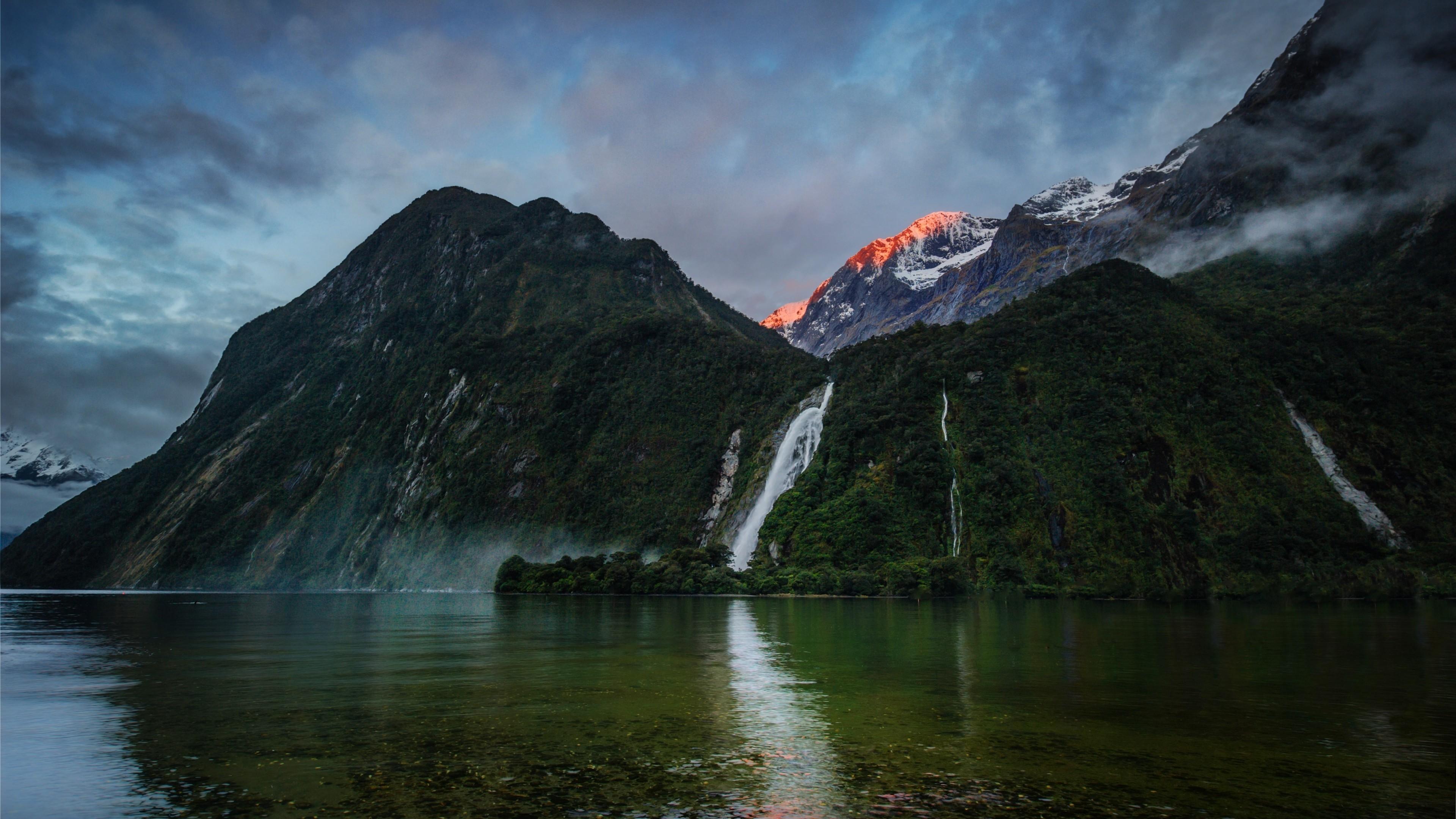 3840x2160 Wallpaper waterfalls, 5k, 4k wallpaper, mountains, sunset, lake, beach, foliage, plants, sky, clouds, Nature