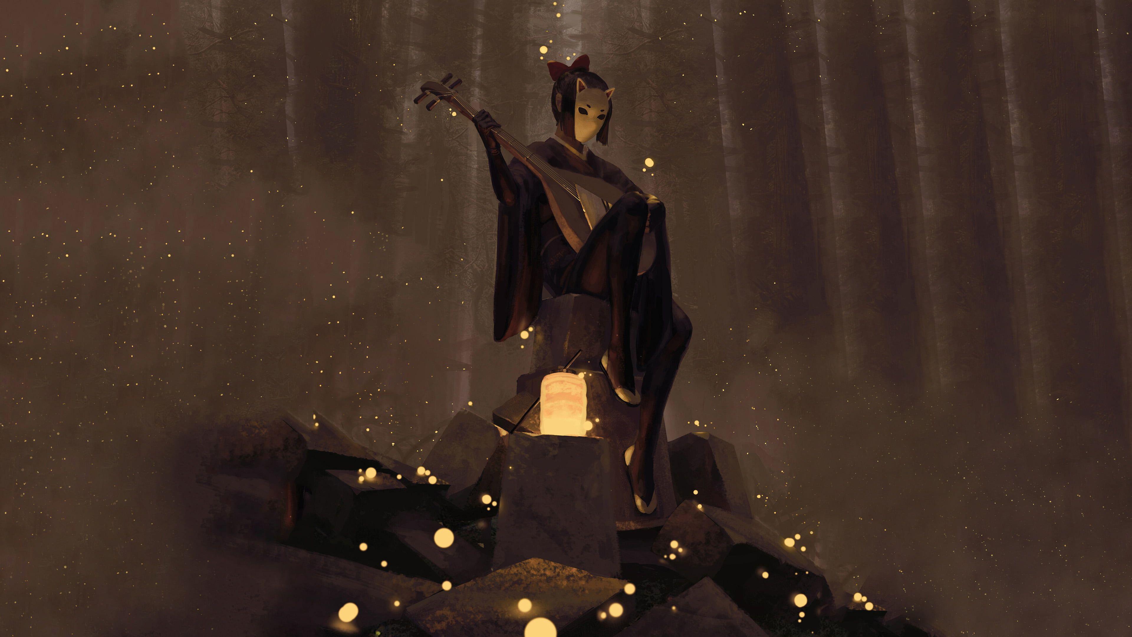 3840x2160 digital art fox mask #biwa #lantern Japanese kimono #kimono #forest #rocks K #wallpaper #hdwallpaper #desktop. Umbrella illustration, Japanese kimono, Fox mask