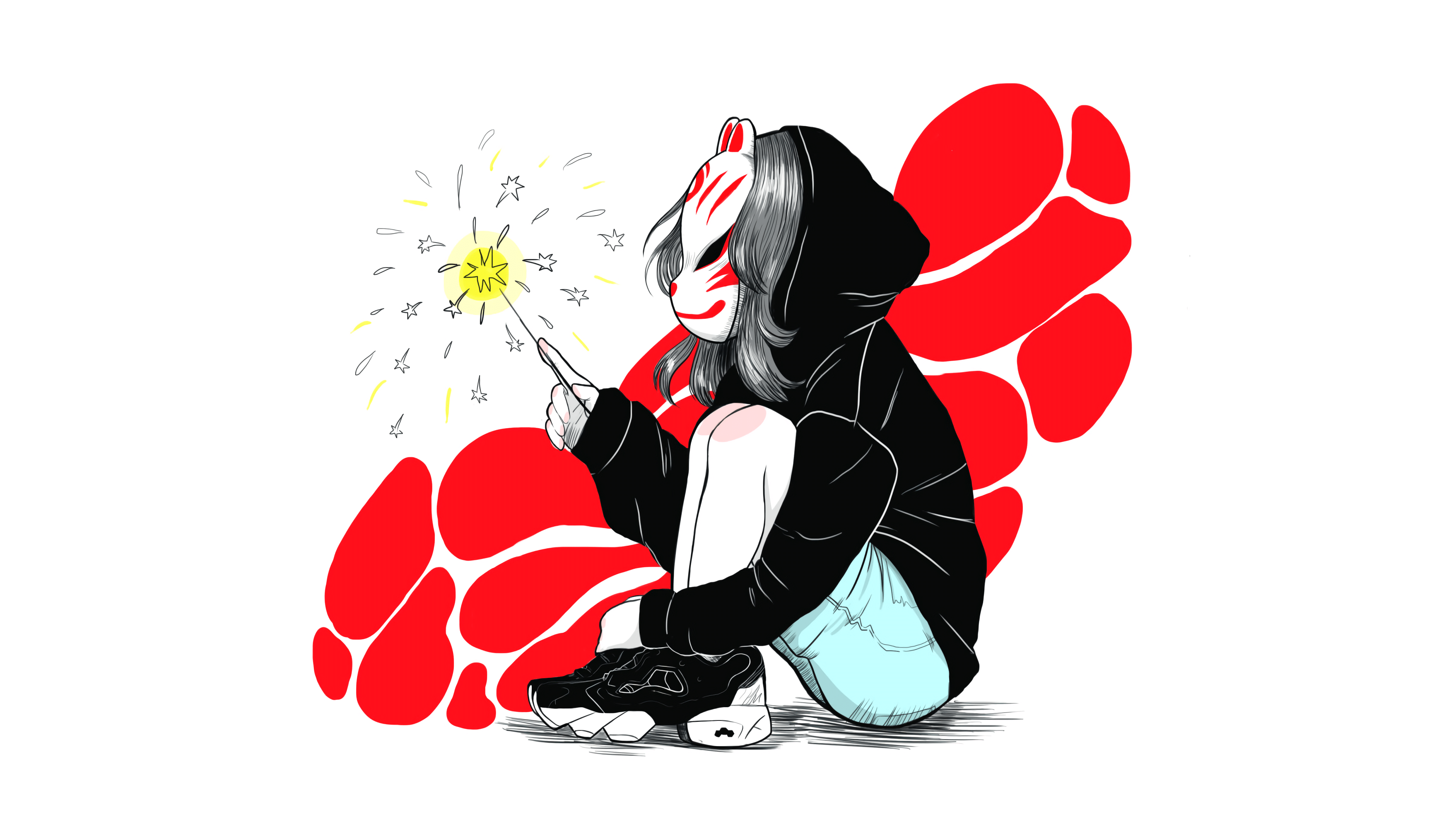 3516x1978 crisalys, anime, mask, fox mask, white background, sparklerx1978 Wallpaper.cc. Anime, Kitsune mask, Mask drawing