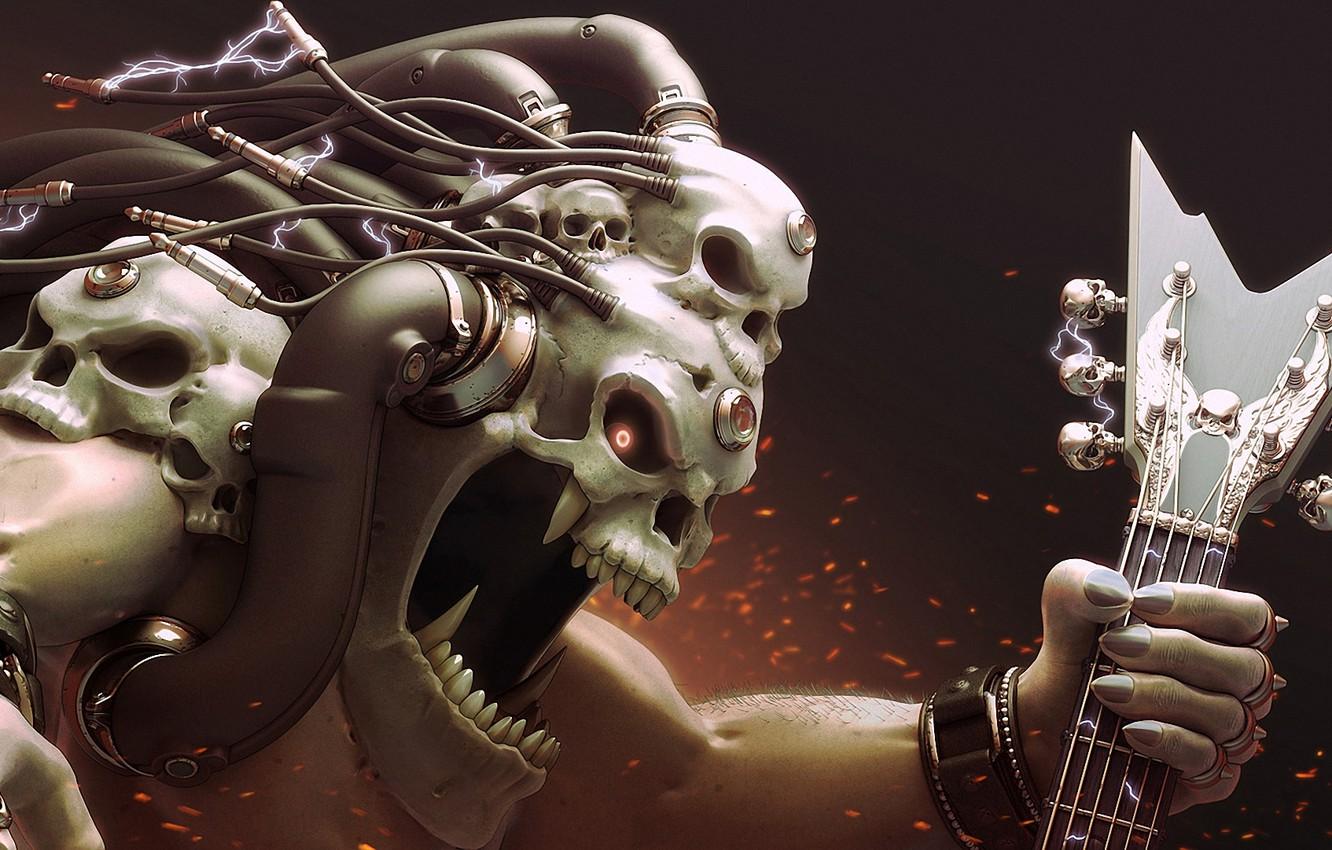 1332x850 Wallpaper wire, skull, guitar, monster, head, art, electricity, sparks, mouth, fangs, charge image for desktop, section рендеринг
