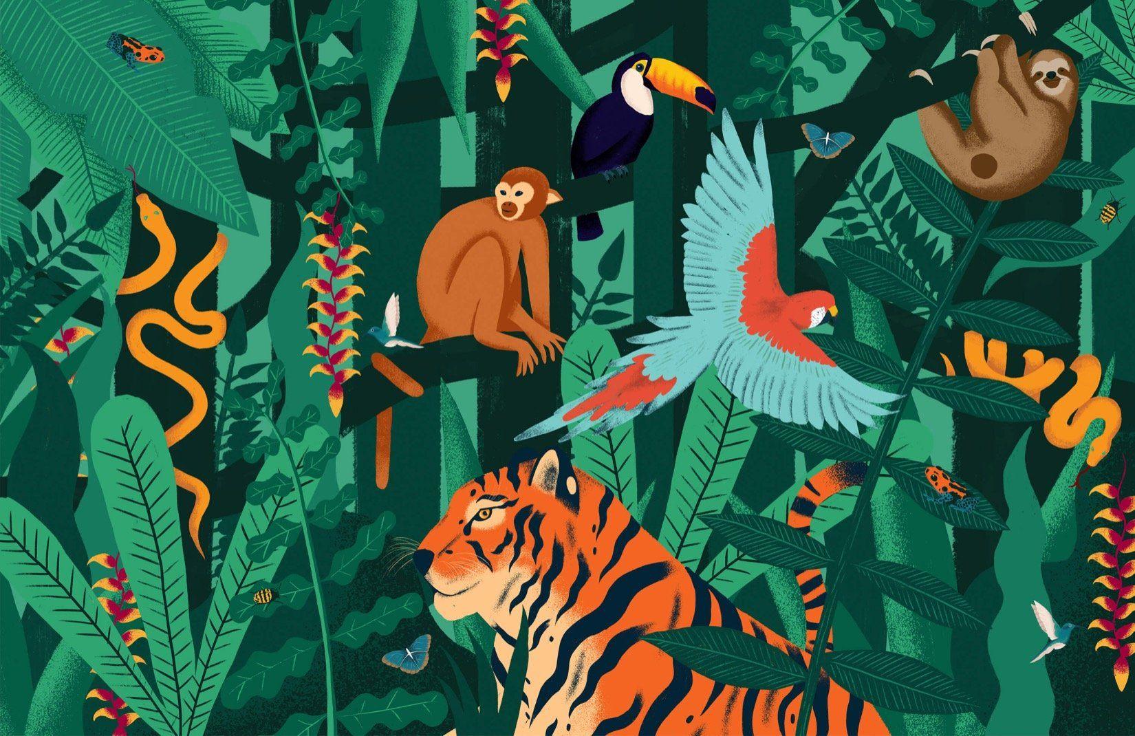 1650x1070 Jungle Animals Wallpaper Mural. Hovia. Animal mural, Jungle animals mural, Jungle art