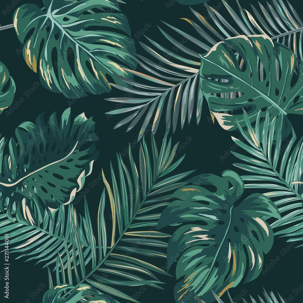 1000x1000 Retro dark palm leaves background pattern, tropical jungle illustration texture in vector for wallpaper, print, brochure, design Stock Vector