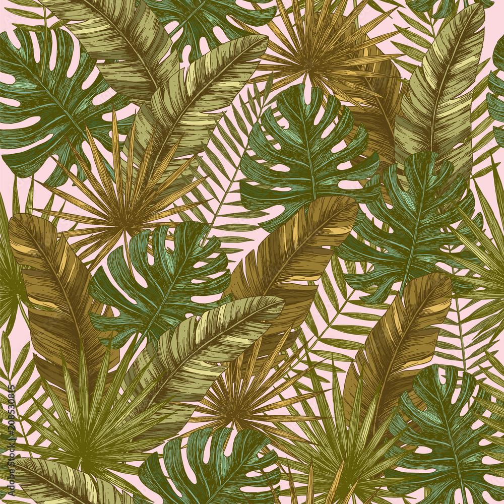 1000x1000 Tropical leaves seamless pattern. Retro jungle wallpaper. Vector illustration Stock Vector