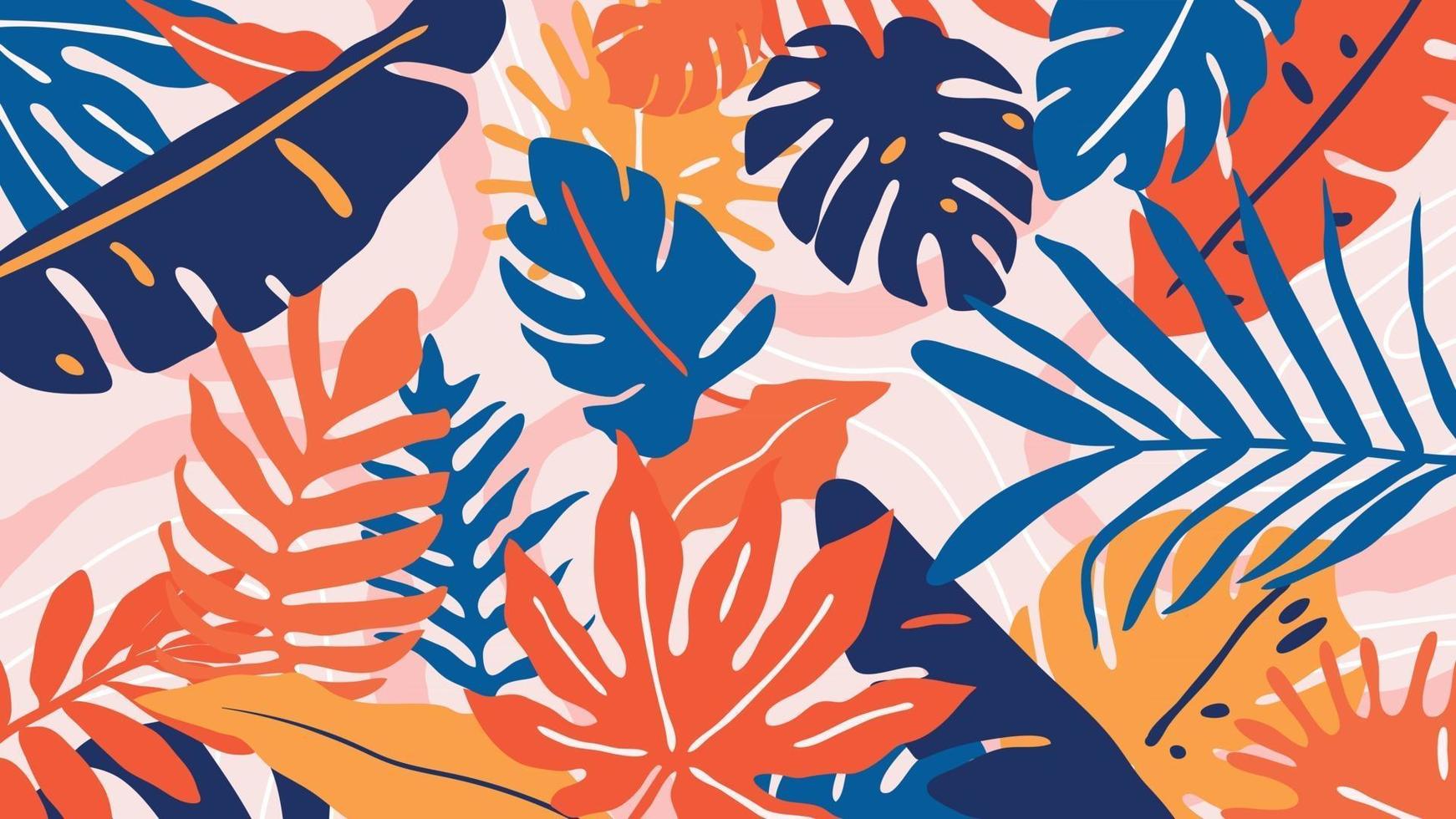 1742x980 Tropical Forest Art Deco Wallpaper. Floral Pattern With Exotic Flowers And Leaves, Split Leaf Philodendron Plant , Monstera Plant, Jungle Plants Line Art On Trendy Background. Vector Illustration