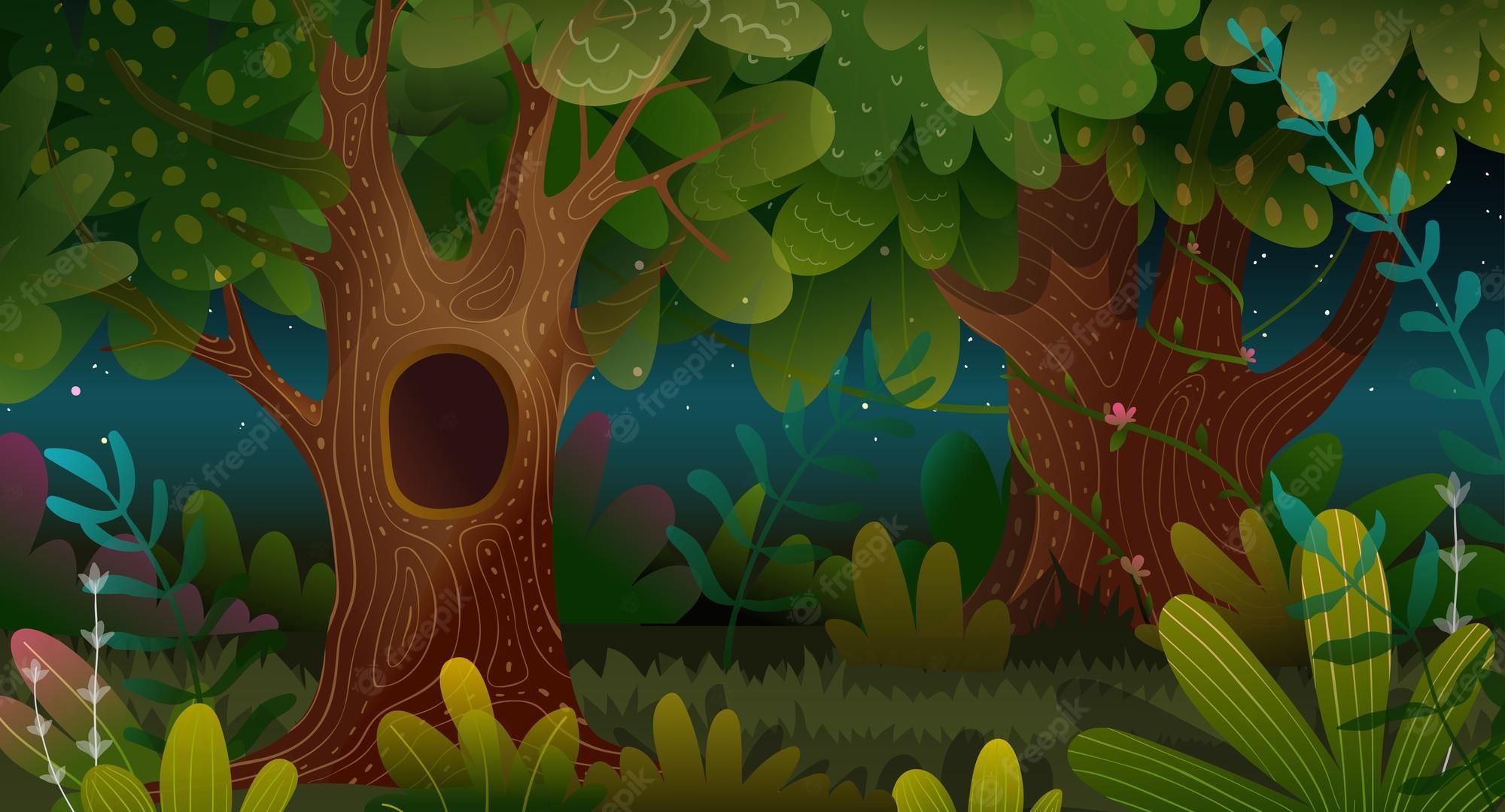 2000x1079 Premium Vector. Forest at night with spooky hollow tree, fantasy enchanted magic landscape cartoon. kids fairytale watercolor style mystery illustration. wallpaper background children vector design