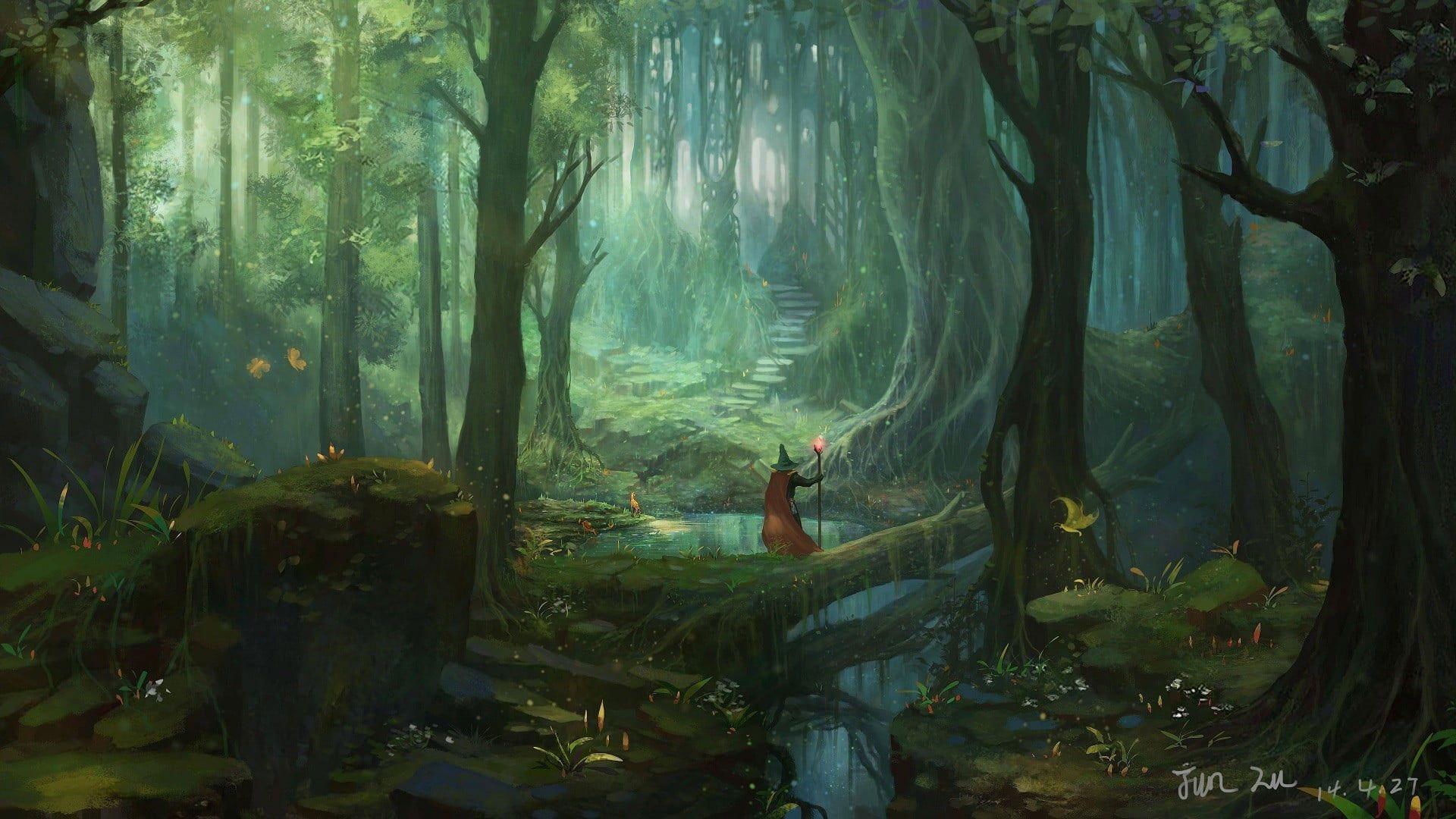 1920x1080 Wizard illustration wallpaper, fantasy art, forest, trees, stairs, one person. Fantasy landscape, Fantasy art landscapes, Fantasy forest