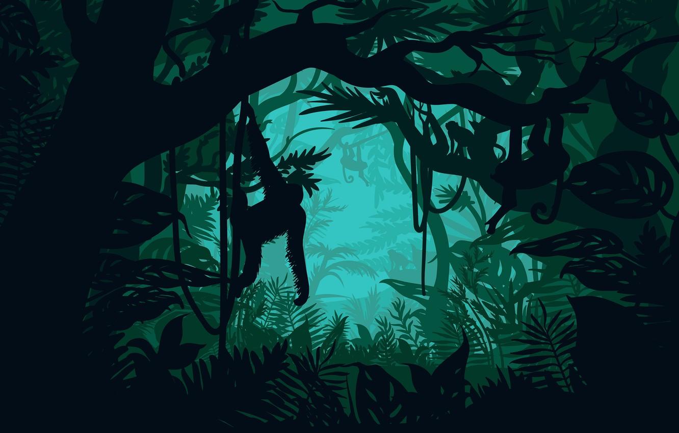 1332x850 Wallpaper Trees, Orangutan, Jungle, Landscape, Monkey, Vector graphics, Rainforest, Wildlife image for desktop, section арт