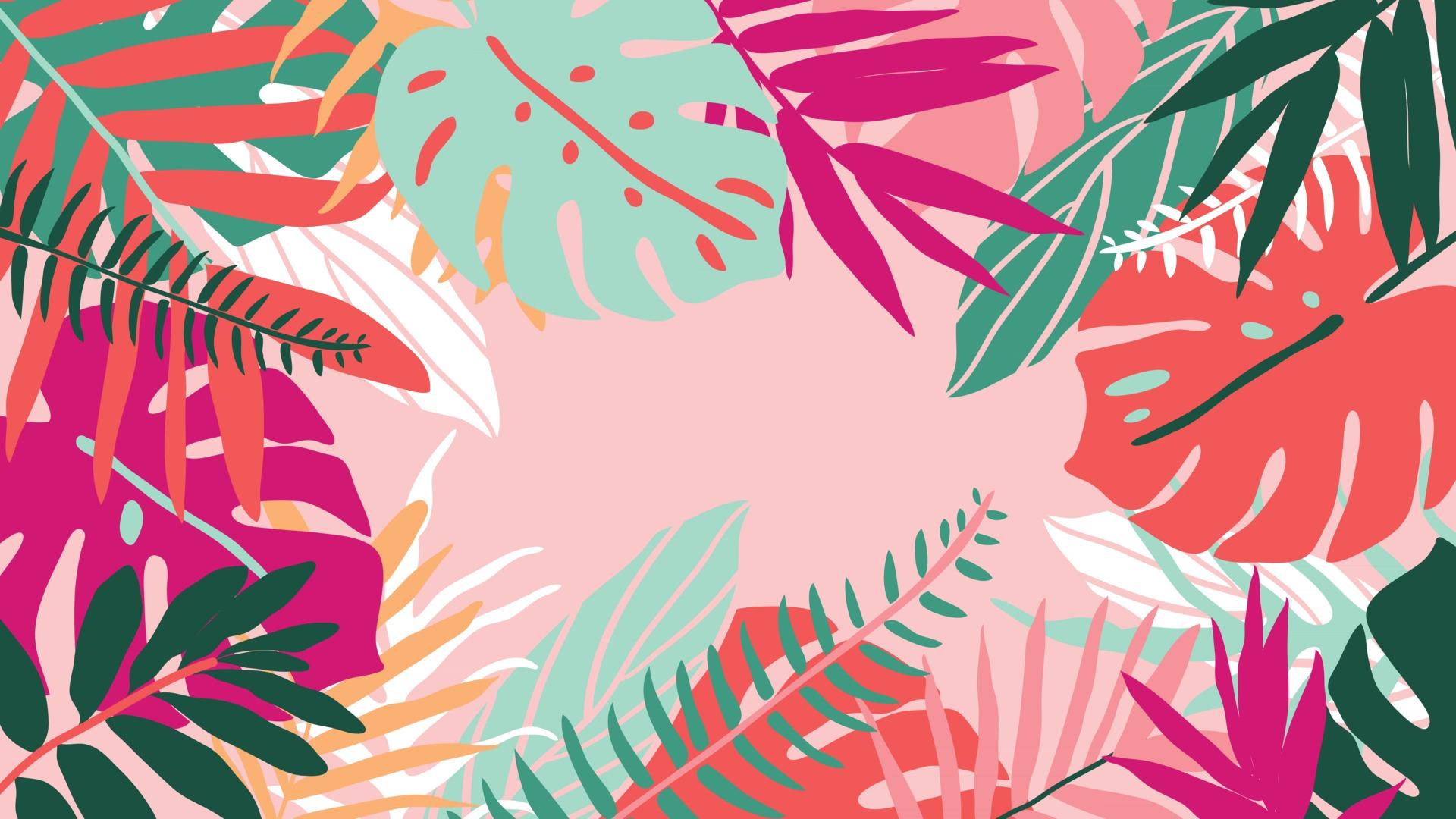 1920x1080 Tropical Forest Art Deco Wallpaper. Floral Pattern With Exotic Flowers And Leaves, Split Leaf Philodendron Plant , Monstera Plant, Jungle Plants Line Art On Trendy Background. Vector Illustration