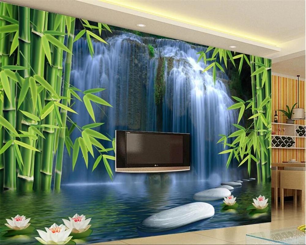 1000x800 beibehang wall paper home decor Bamboo forest waterfall background wall decoration painting space lotus 3D wallpaper mural. 3D wallpaper murals. wallpaper mural3D wallpaper