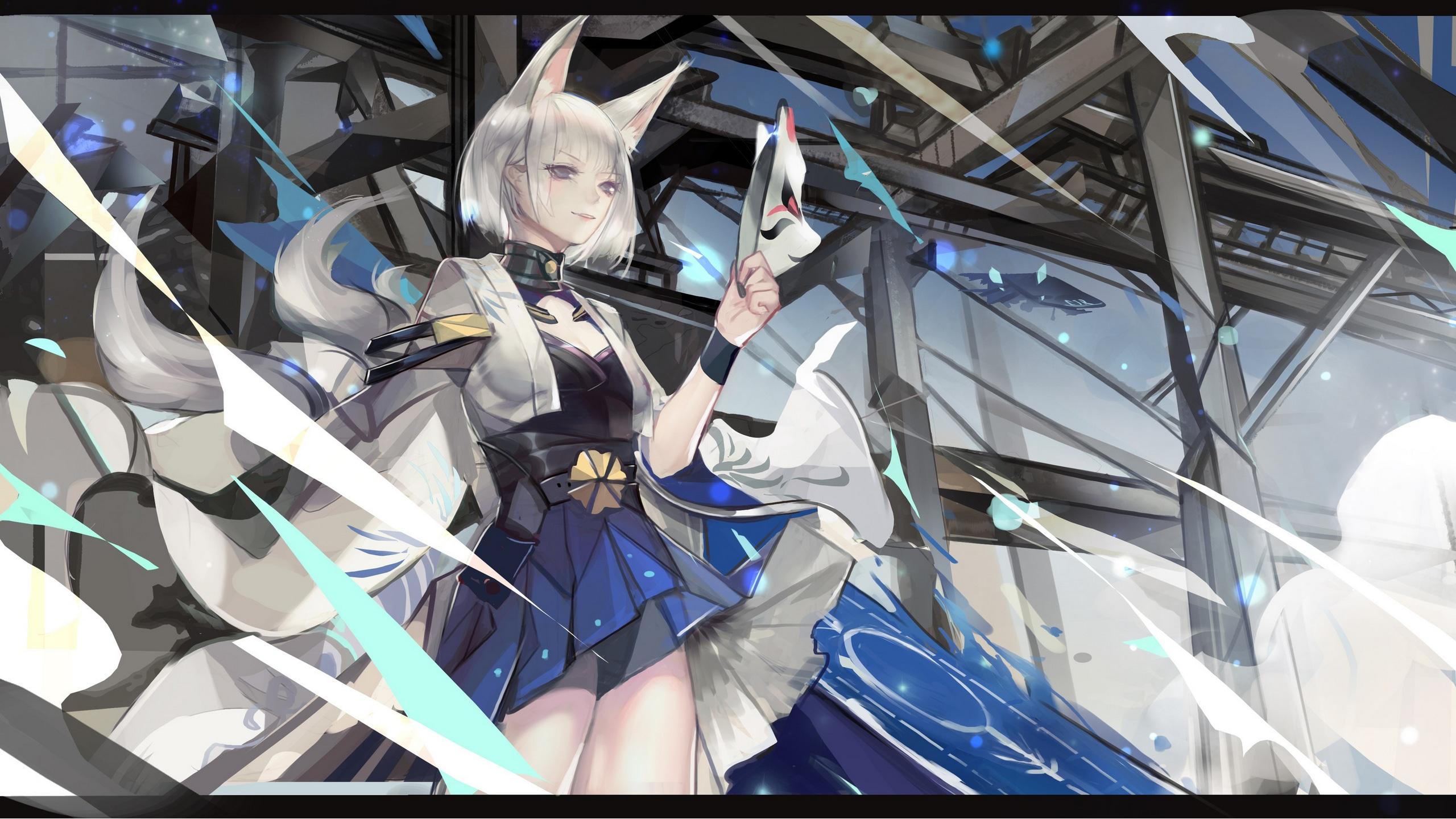 2560x1440 Wallpaper / anime, anime girls, animal ears, white hair, fox mask, gray eyes, fox girl, Kaga (Azur Lane), Azur Lane free download