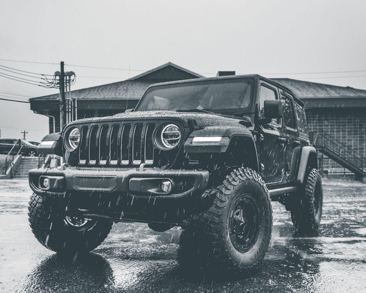 1280x1024 Download wallpaper 1280x1024 jeep, suv, car, bw, rain standard 5:4 HD background