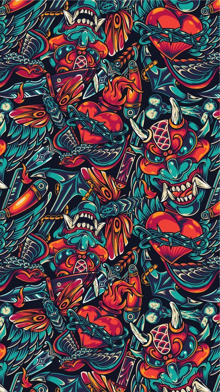 735x1307 Retro Tattoo Seamless Patterns Set. Retro tattoos, Graffiti wallpaper iphone, Graffiti wallpaper. Retro tattoos, Graffiti wallpaper, Vintage tattoo