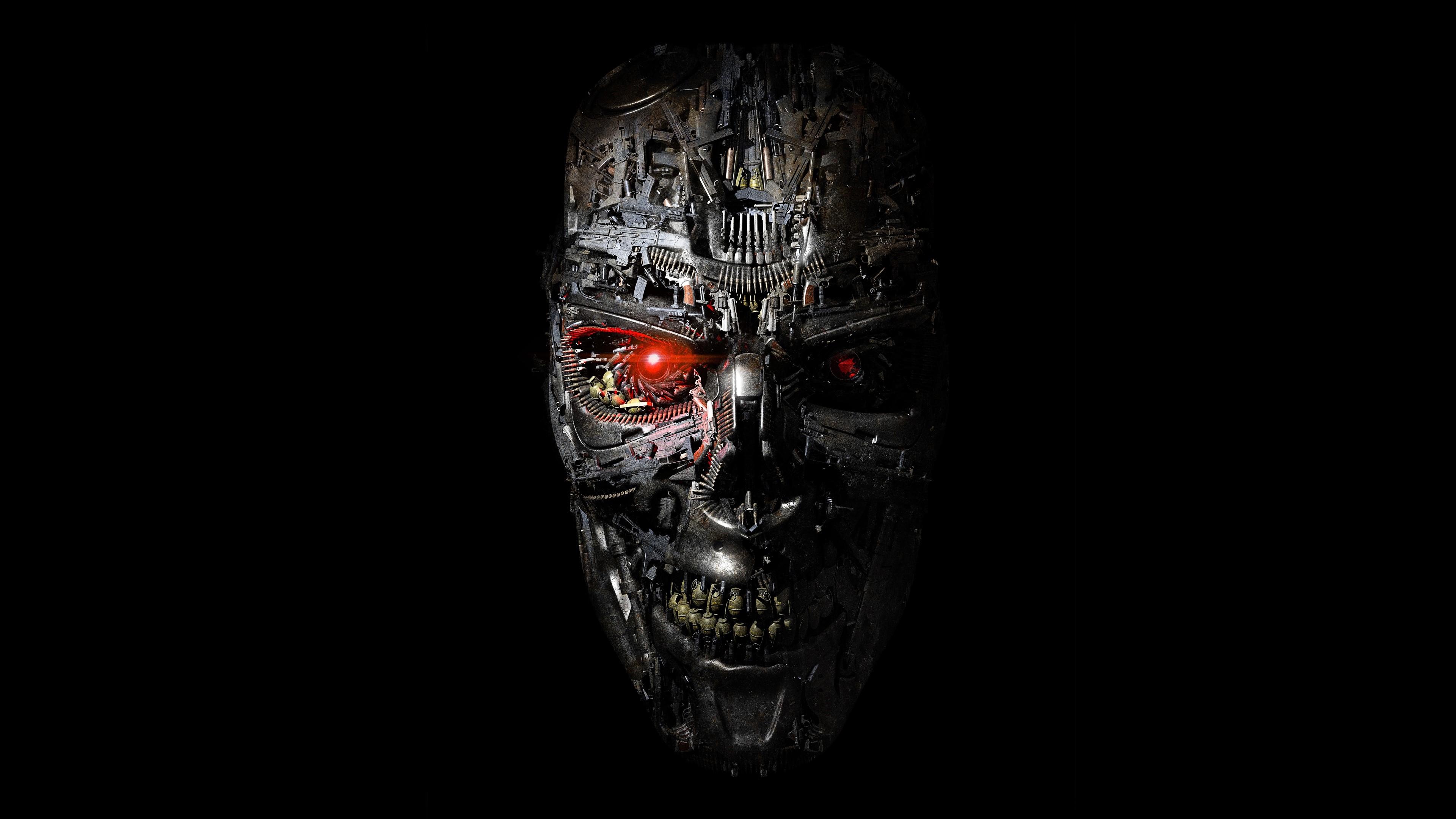 3840x2160 Wallpaper / Terminator, dark, red eyes, gun, movies, cyborg, digital art, machine, simple background, black background free download