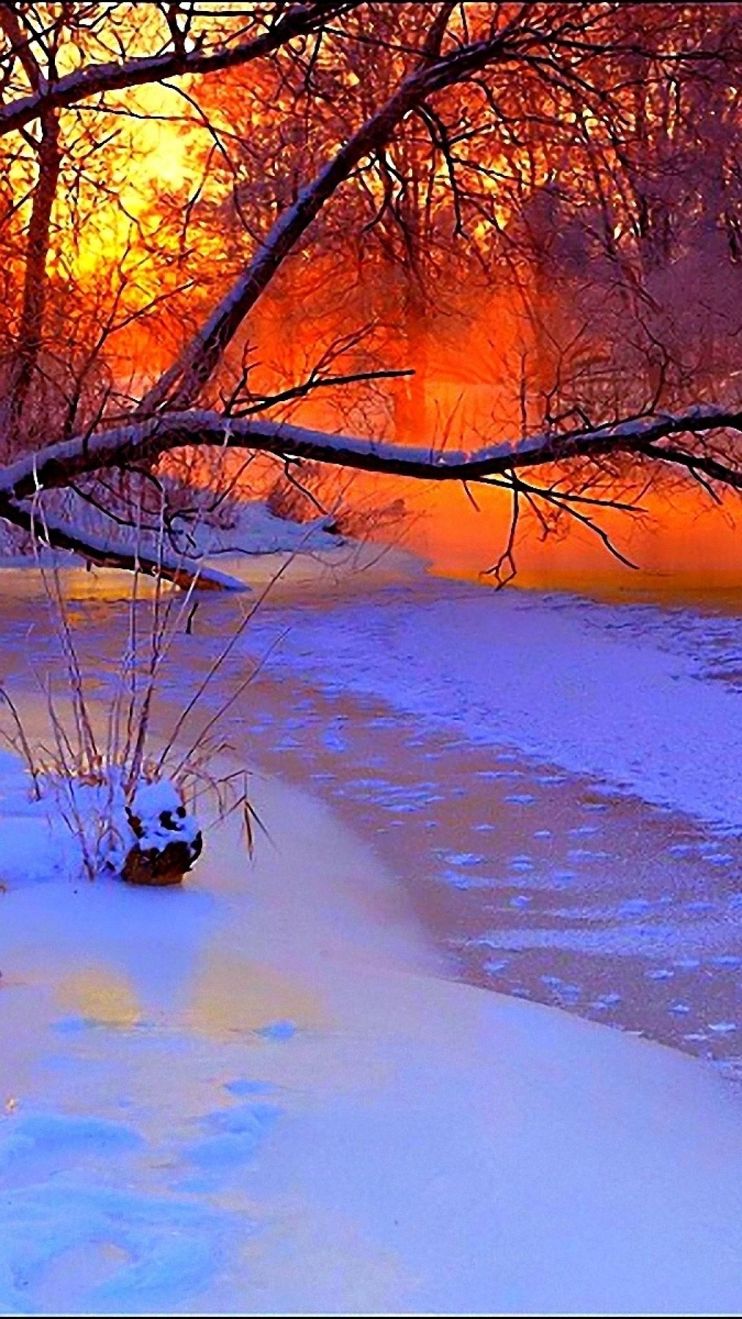 1080x1920 River, trees, sunset, winter wonderland, the whole package all together