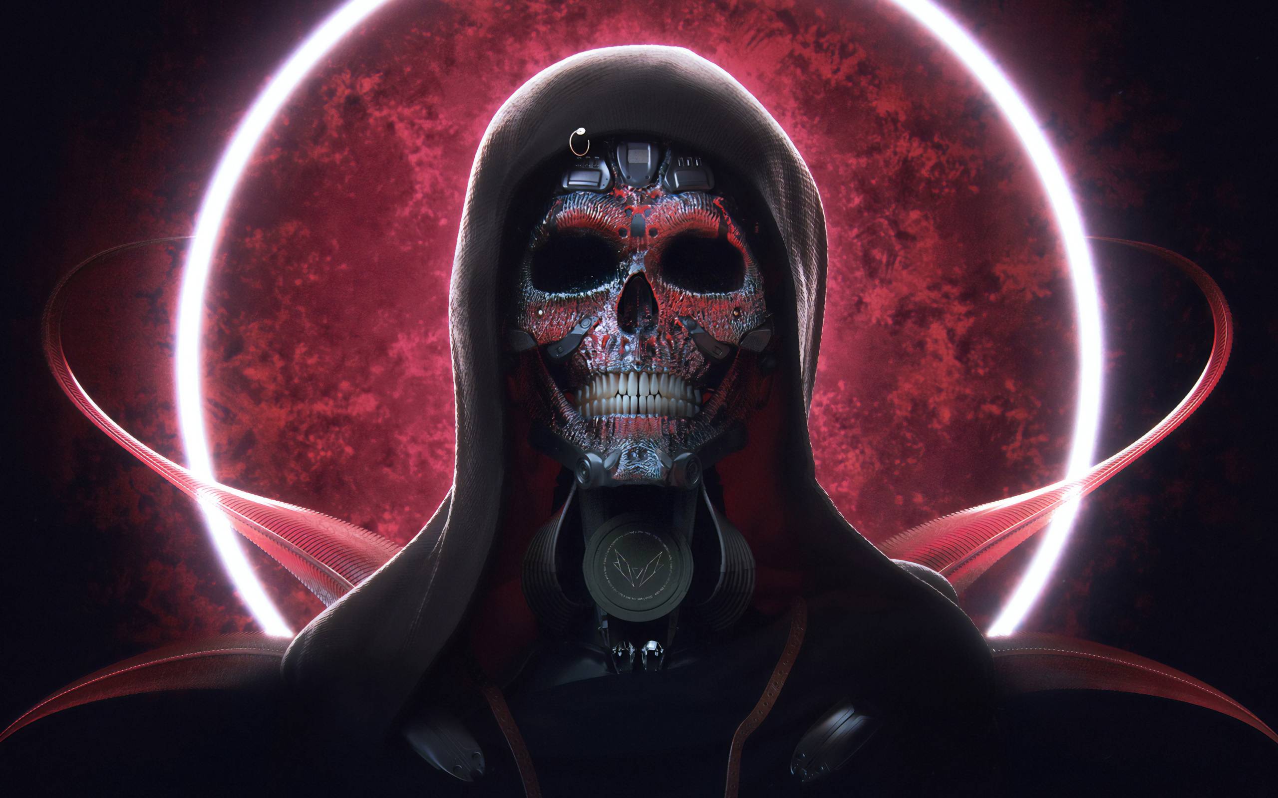 2560x1600 Cyborg in a black hoodie on a background of the red moon Desktop wallpaper 2560x1600