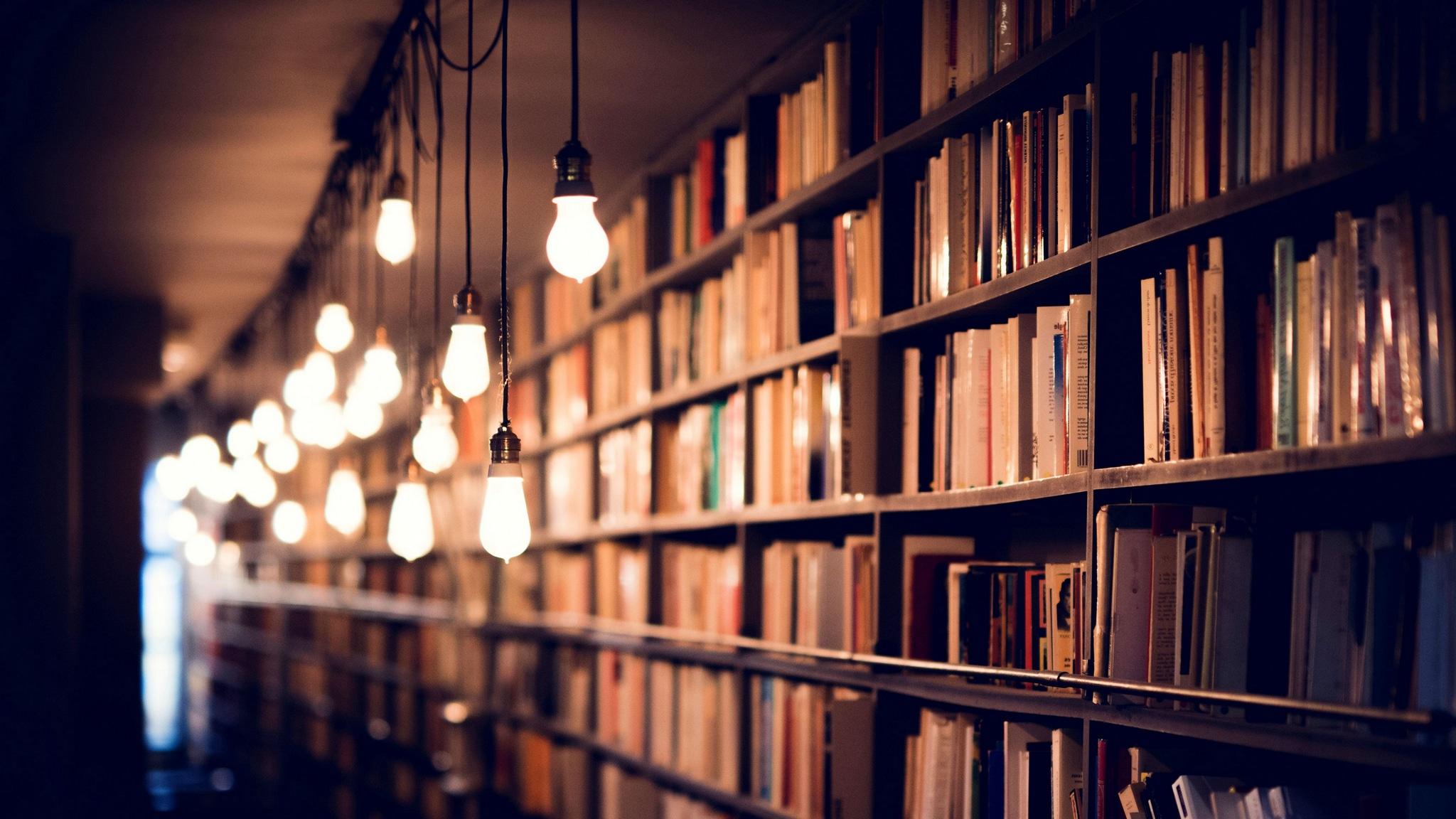 2048x1152 Wallpaper / books, library, shelves, lighting, 4k free download