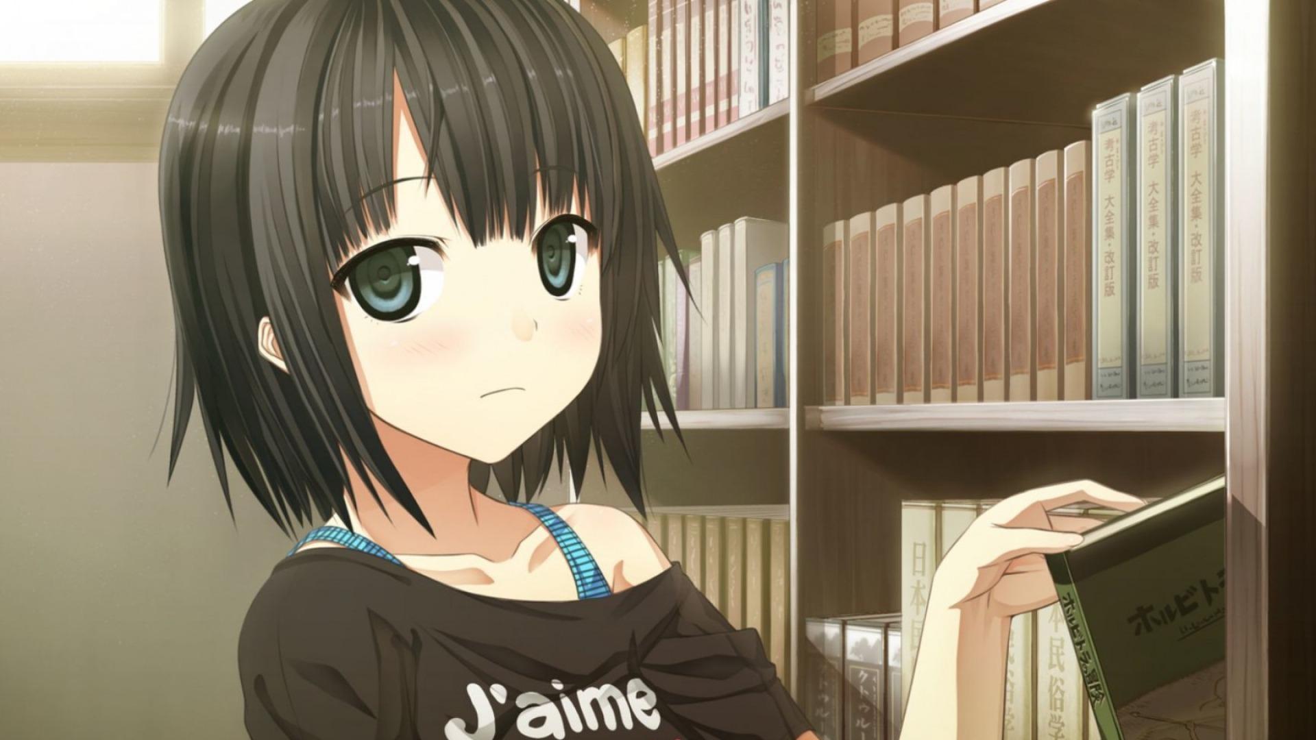 1920x1080 Books Library Cartoon Beautiful Girls Wallpaper