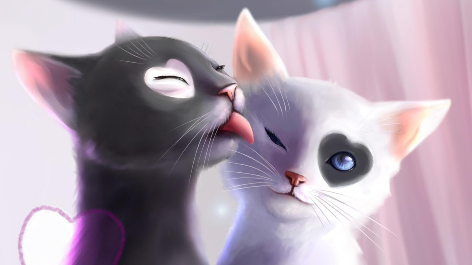 1920x1080 Black & White Cat (Love Heat, kiss, Art) Wallpaper