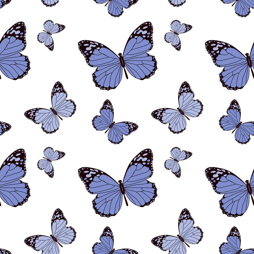 980x980 Seamless pattern drawn blue with black contour butterflies on a white background. Print, textile, bedroom decor, wallpaper
