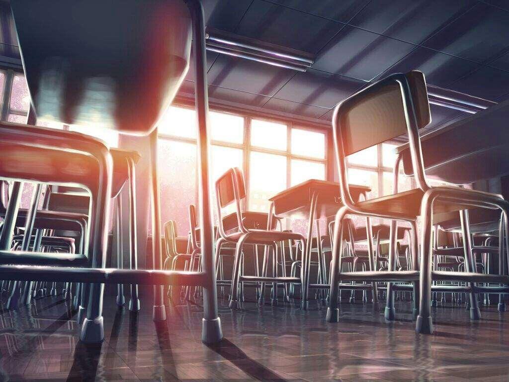 1024x768 Anime school. 학교 건물, 책상 일러스트, 배경
