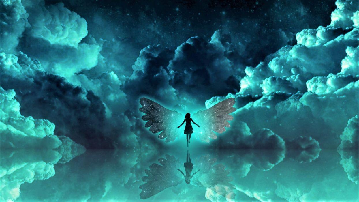 1245x700 Angel Anime Blue Cloud Girl Reflection Wings wallpaperx1080