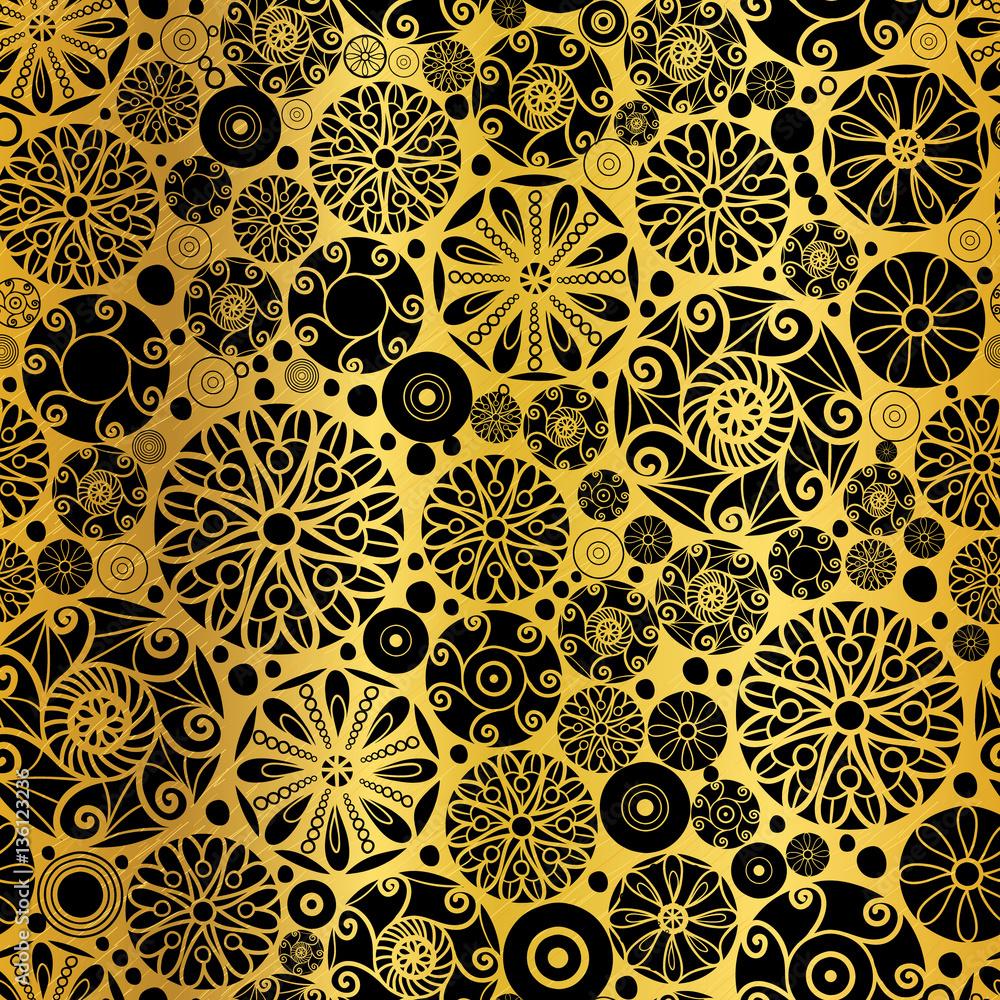 1000x1000 Vector Black Gold Abstract Doodle Circles Seamless Pattern Background. Great for elegant texture fabric, cards, wedding invitations, wallpaper. Stock Vector