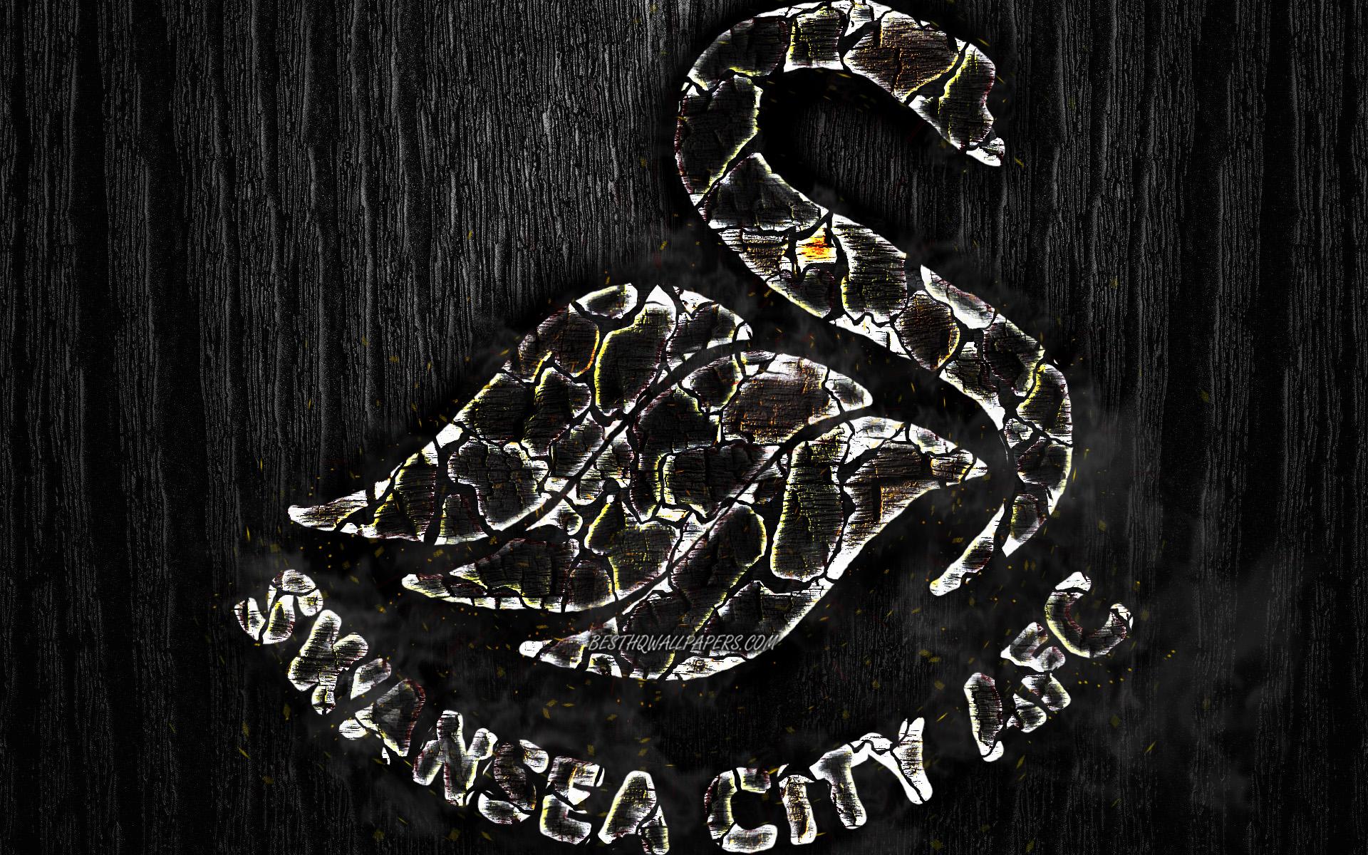 1920x1200 Download wallpaper Swansea City, scorched logo, Championship, black wooden background, english football club, Swansea City AFC, grunge, football, soccer, Swansea City logo, fire texture, England for desktop with resolution 1920x1200. High Quality
