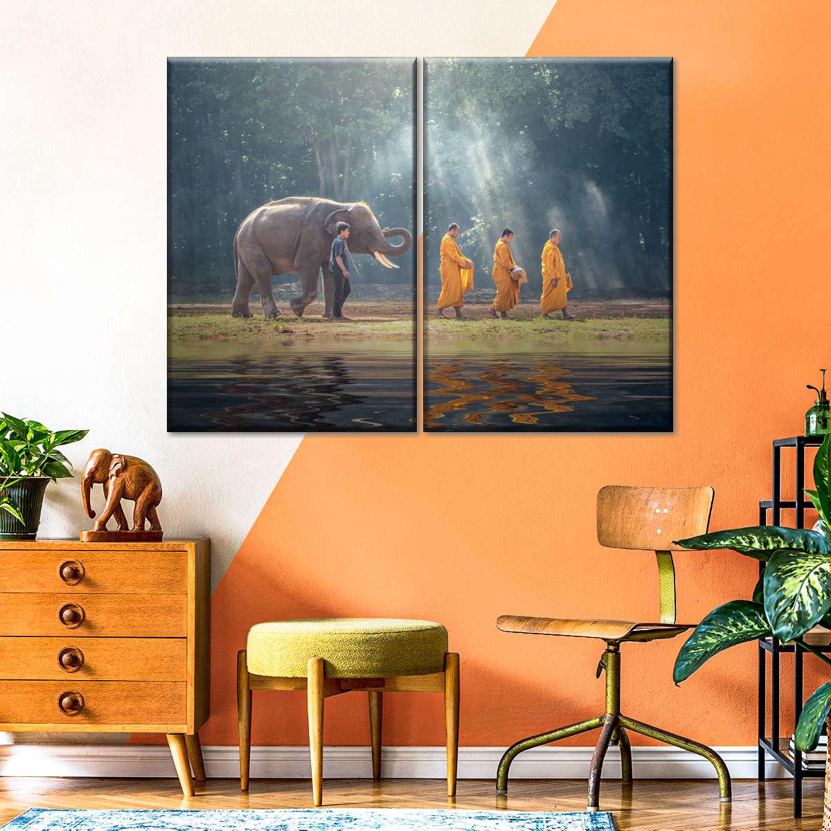 1200x1200 Elephant And Buddhist Monks Wall Art