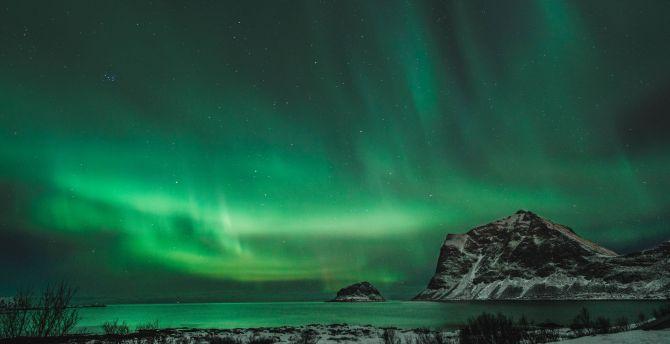 670x344 Green lights, northern lights, night, nature wallpaper, HD image, picture, background, 0053e9